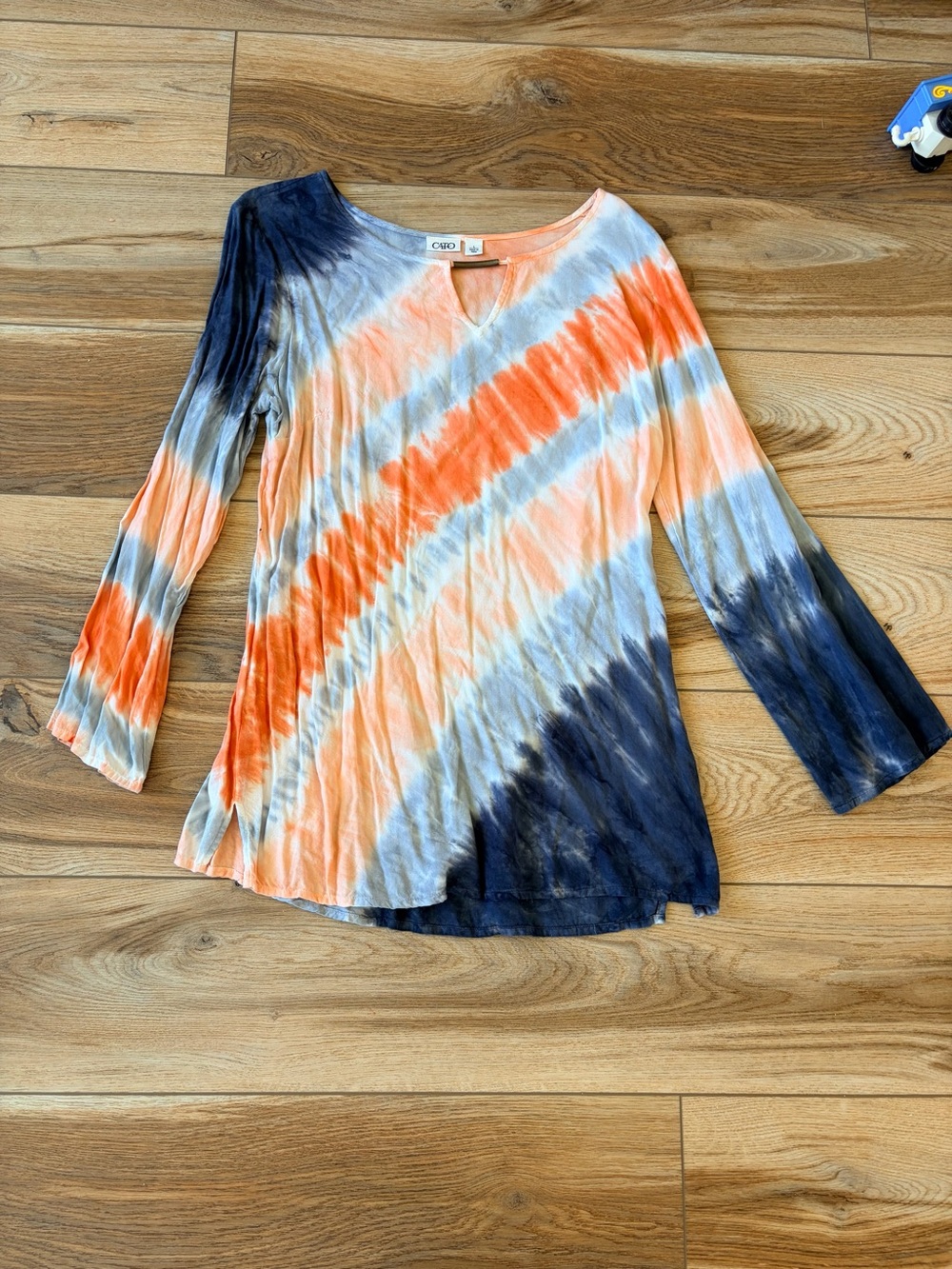 Cato Women's Tie-Dye V-Neck Tunic in Orange, Navy & White